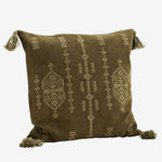 Embroidered olive cushion with tassels