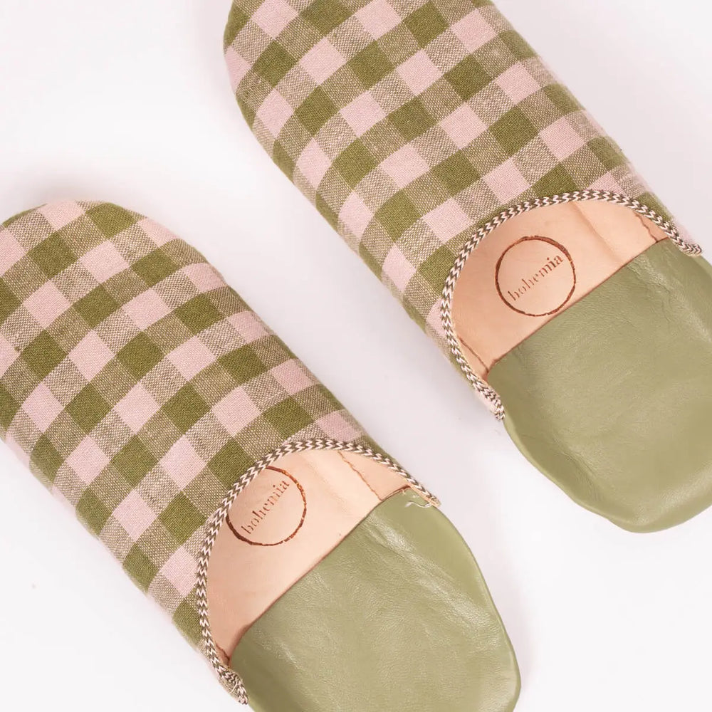 Margot, Olives Check Linen Babouche Slippers -Bohemia Design